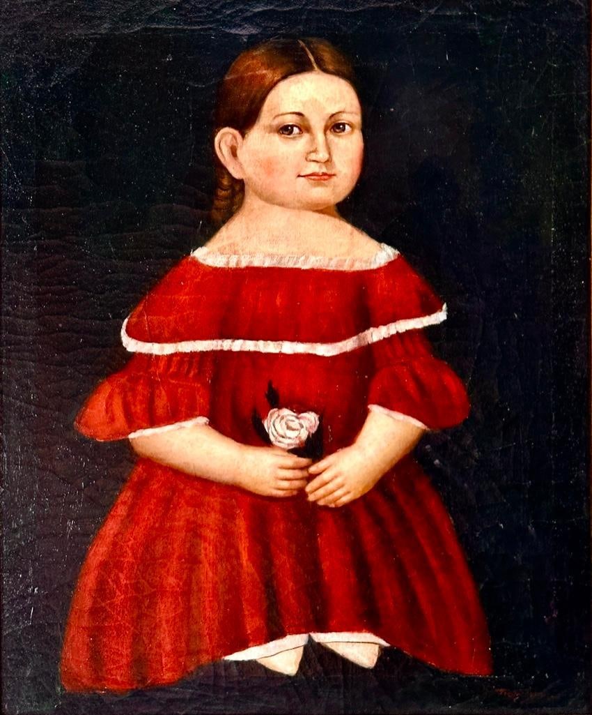 Trevor James Oil, Portrait of a Young Girl Holding a Rose: Trevor James (American, 20thc.) Portrait of a Young Girl Holding a Rose, oil on canvas, signed lower right, framed. Dimensions: 24 x 19.5 in. canvas size, 31 x 27 in. as framed. Condition: Very good w