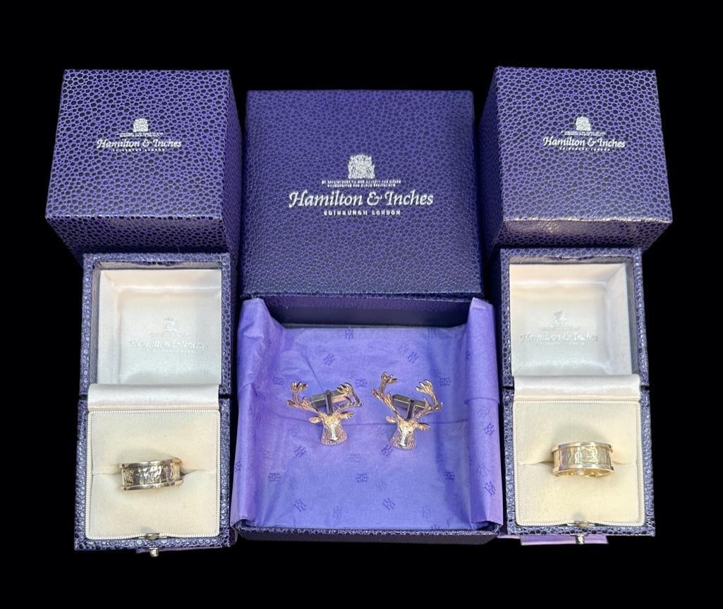 Hamilton and Inches Sterling, Two Rings and a Pair of Cufflinks: Hamilton and Inches Sterling, Edinburgh, Two Rings and a Pair of Cufflinks, comprising a pair of matching rings with an antler textured pattern and centered by a hallmarked H, together with a pair of 