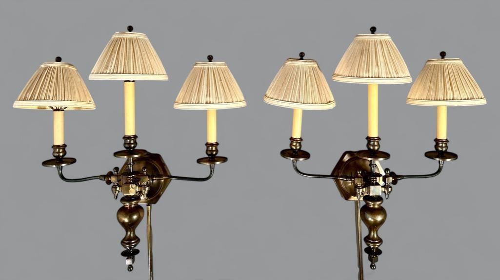 Pair of Brass Three Light Wall Sconces (1 of 8)