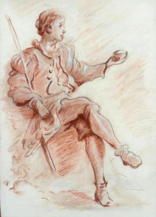 19thc. Continental School: 19thc. Continental School, Shepherd Raising a Cup, red and gray chalk on paper with white heightening, unsigned, matted and framed. Dimensions: 8,25 x 6 in,. image size, 20 x 17 in. as framed. Conditi
