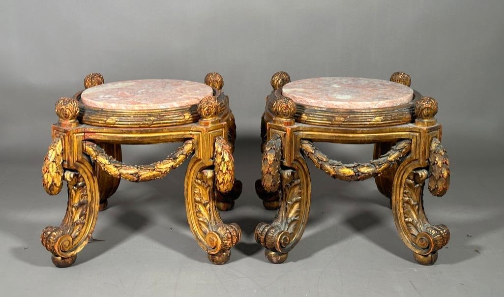 Large Pair of Carved Gilt Wood and Marble Vase Stands, late 19thc. (1 of 7)