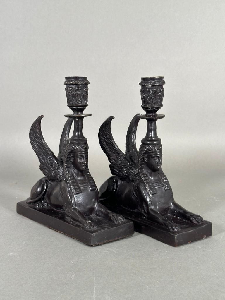 Pair of Bronze Winged Sphinx Candlesticks, Modern (1 of 9)