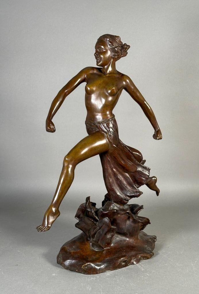 Gertrude Colburn Bronze, "Allegro Energico": "Allegro Energico", cast bronze with warm brown patina, inscribed signature to base, apprx 19-1/2"T x 15"L x 7"D. Weighted base, 27 lbs. This bronze is part of the permanent collec