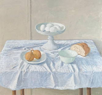 Peter Plamondon Oil, Kitchen Still Life: Peter Plamondon (American, 1944-2020) Kitchen Still Life, oil on canvas, signed PP lower right, artist strip frame. Dimensions: 27.5 x 29.5 in. as framed. Condition: Good. Some grime and age related a