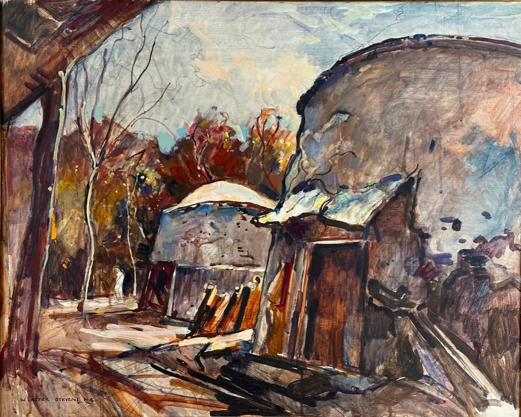 William Lester Stevens Oil, Charcoal Kilns (American, 1888-1969): "Charcoal Kilns", oil on artist board, signed lower left. Sight size 23-1/2" x 29-1/4". Framed in gilt wood frame, overall apprx 30" x 36". Gallery label on verso from Child's Gallery, originating fro