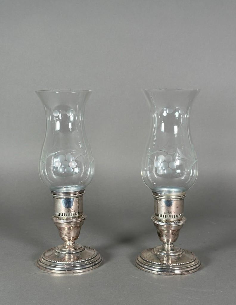 Pair of American Sterling Silver Candlesticks with Glass Hurricane Shades (1 of 7)