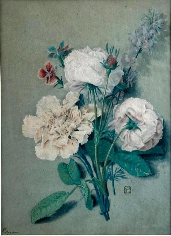 Alexis-Nicolas Perignon Gouache, "White Roses, A Carnation and Other Blooms" (1 of 10)