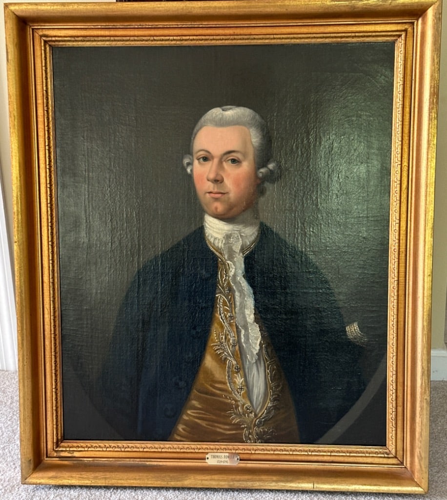 Georgian Period Portrait, ca. 1750's: English portrait of a man in embroidered silk waistcoat, cravat, and blue overcoat, wearing a powdered wig. Unsigned, 20th century relining. In recycled gold painted frame, canvas measures 30" x 25",