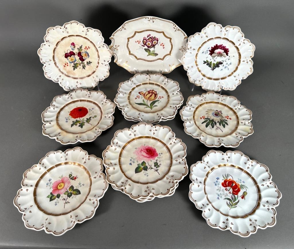 English Porcelain Botanical Subject Dessert Plates, 19thc. (1 of 3)
