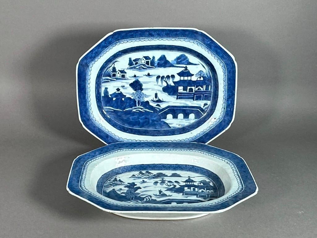Two Chinese Blue and White Canton Platters, 19thc. (1 of 2)