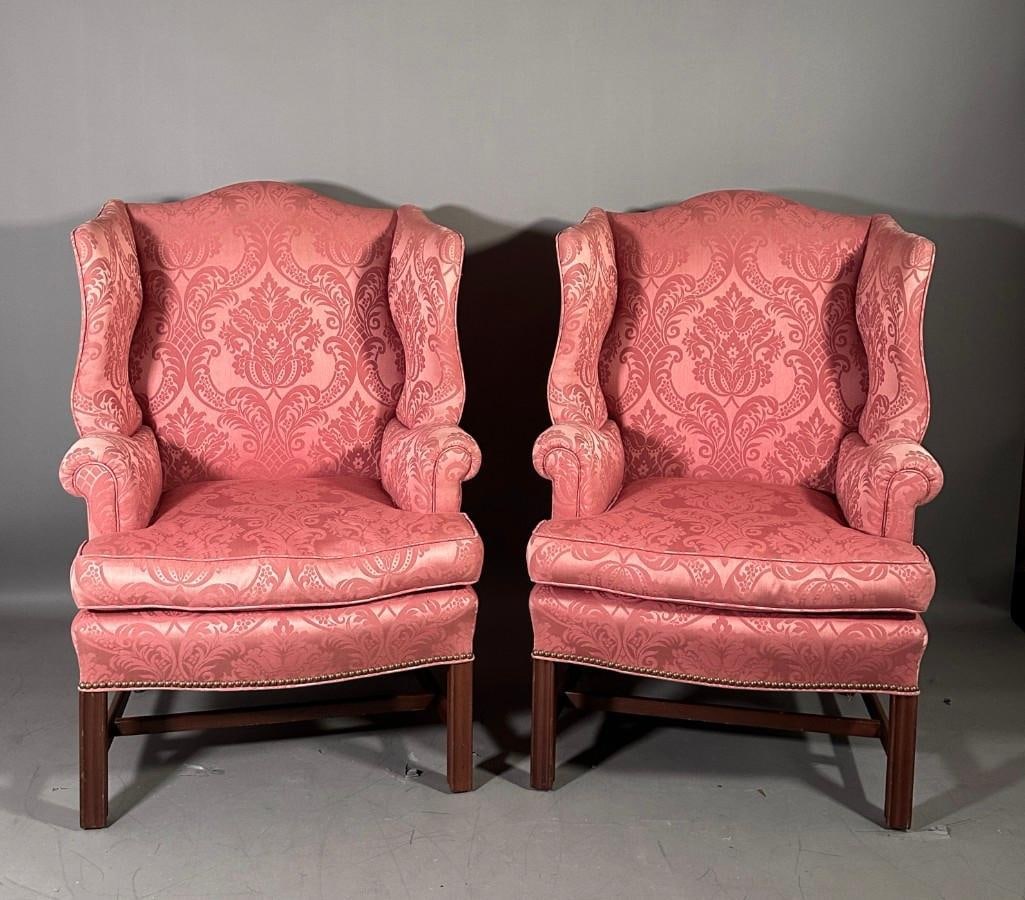 Pair of Chippendale Style Upholstered Wing Back Chairs, Modern (1 of 7)