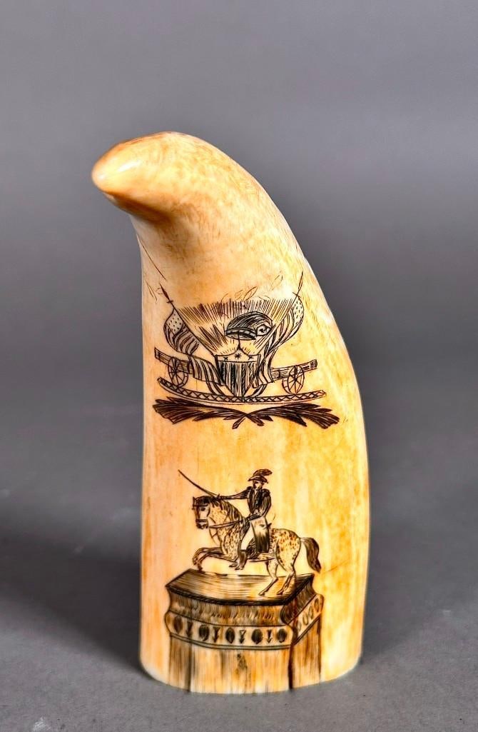 American Whale Tooth Scrimshaw: American Whale Tooth Scrimshaw, engraved to one side with an American Eagle with shield, arrows and olive branches with a banner reading "Success to Whaling" over masted ships at sea, the obve
