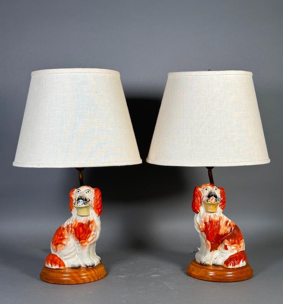 Pair of Staffordshire Spaniel Dogs Fashioned as Table Lamps (1 of 9)