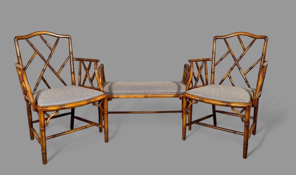 Pair of Chinese Chippendale Style Faux Bamboo Armchairs and Bench (1 of 14)