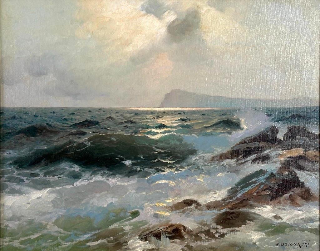 Alexander Dzigurski Oil, "Liguria, Italy": Alexander Dzigurski (Yugoslavian/American 1911-1995) "Liguria, Italy, " oil on canvas, signed lower right, titled verso, framed. Dimensions: 15.5 x 19 in. canvas size, 20.5 x 25 in. as framed.