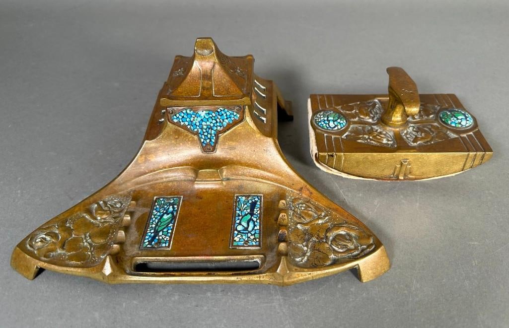 Art Nouveau Brass and Enamel Inkstand and Blotter (1 of 6)