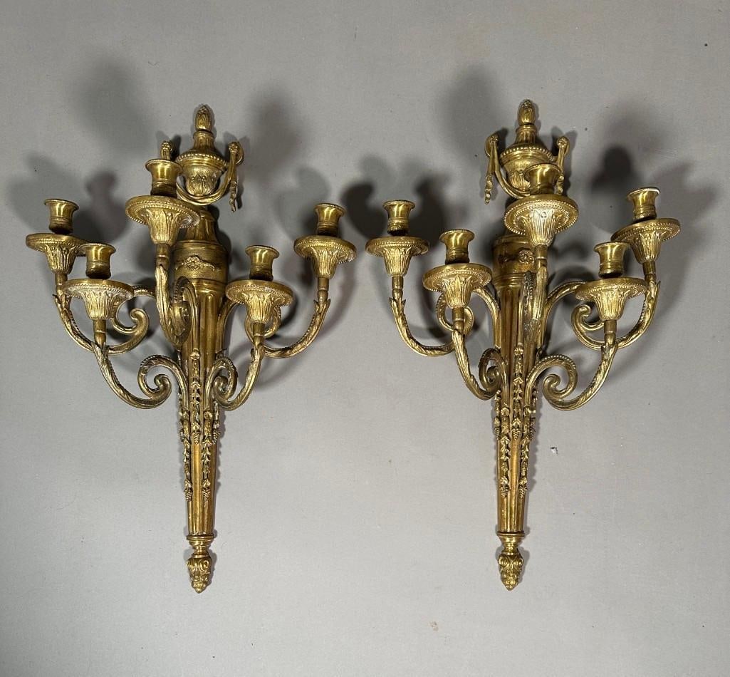 A Pair of Louis XVI Style Bronze Five Light Wall Sconces (1 of 9)