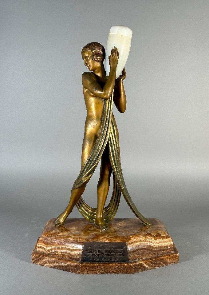 Pierre Laurel (French, 1892 - 1962) Art Deco Bronze: Pierre Laurel (French, 1892 - 1962) Art Deco Bronze, circa 1930 Gilt bronze, alabaster water jug and onyx base. Inscribed signature in base Laurel. The back of the drapery at base hase embossed number