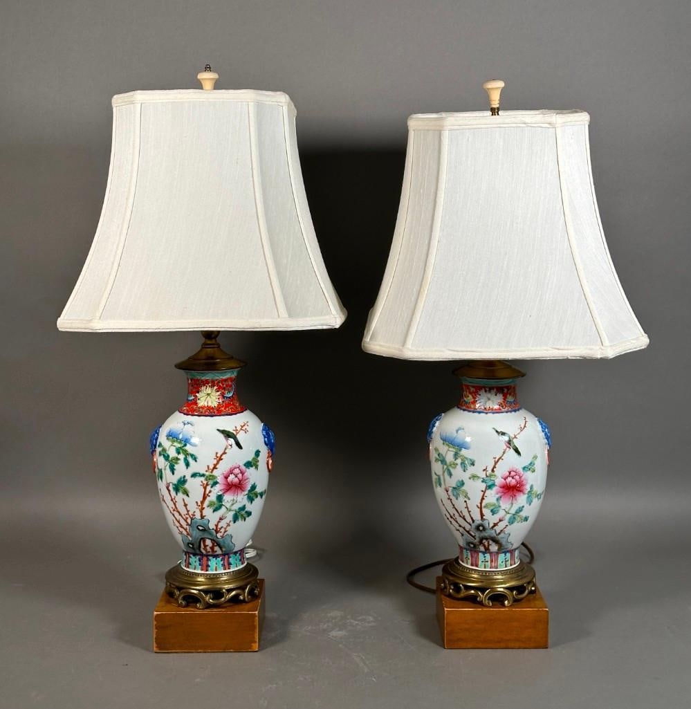 Pair of Chinese Polychrome Enamel Porcelain Table Lamps (1 of 8)