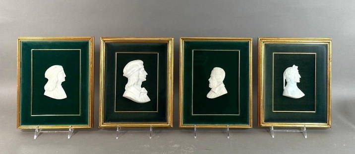 Four Framed Marble or Alabaster Busts of Renaissance Artists: Four Framed Marble or Alabaster Relief Carved Profile Busts of Renaissance Artists, including Dante, Raphael, Michelangelo and Virgil. Each mounted on green velvet and framed in shadowbox frames. Dime