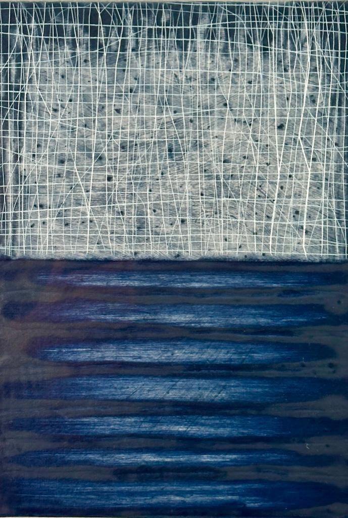 David Shapiro Etching, "Kala 7": David Shapiro (American b.1944) ) "Kala 7," 1991, spit-bite, etching, drypoint and carborundum on hand made blue Indian paper, signed, dated and titled in pencil under the image, the Print Clu