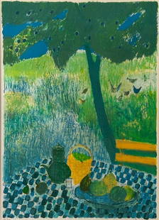 Guy Bardone Lithograph, Luncheon Alfresco: Guy Bardone (French 1927-2015) Luncheon Alfresco, 1970, lithograph in colors, signed in pencil and dated lower right, numbered 126/210, matted and framed. Dimensions: 26 x 19 in. image size, 35 x 27 i