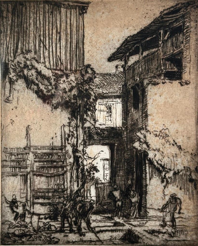 Frank Brangwyn Etching, Laborers Before a Gate (1 of 6)