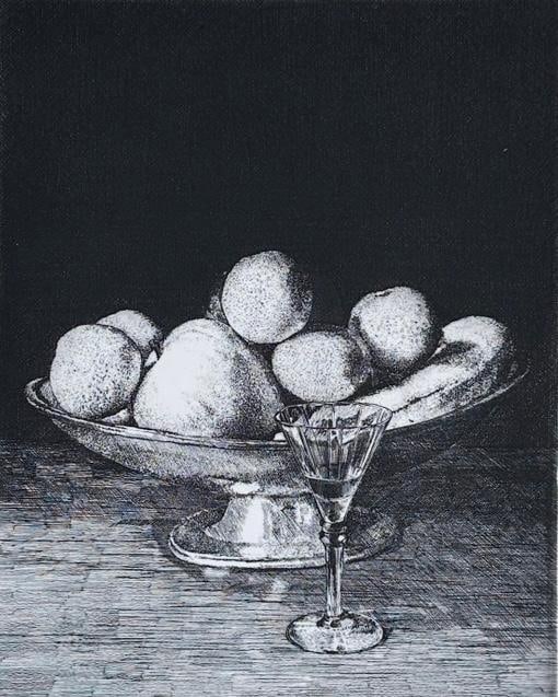 Gianni Cacciarini Etching, "Fruit Bowl": Gianni Cacciarini (Italian b. 1941) "Fruit Bowl, " etching on paper, signed in pencil lower right, numbered 143/250, Associated American Artists edition, New York, matted. Dimensions: 9 x 7.25