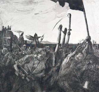 Kathe Kollwitz Etching, "Uprising": Kathe Kollwitz (German 1867-1945) "Uprising," 1899, printed c.1963-72, etching, drypoint and aquatint, unsigned, with blind stamp of A. Von der Becke, Munich, Germany, matted and framed. A pos