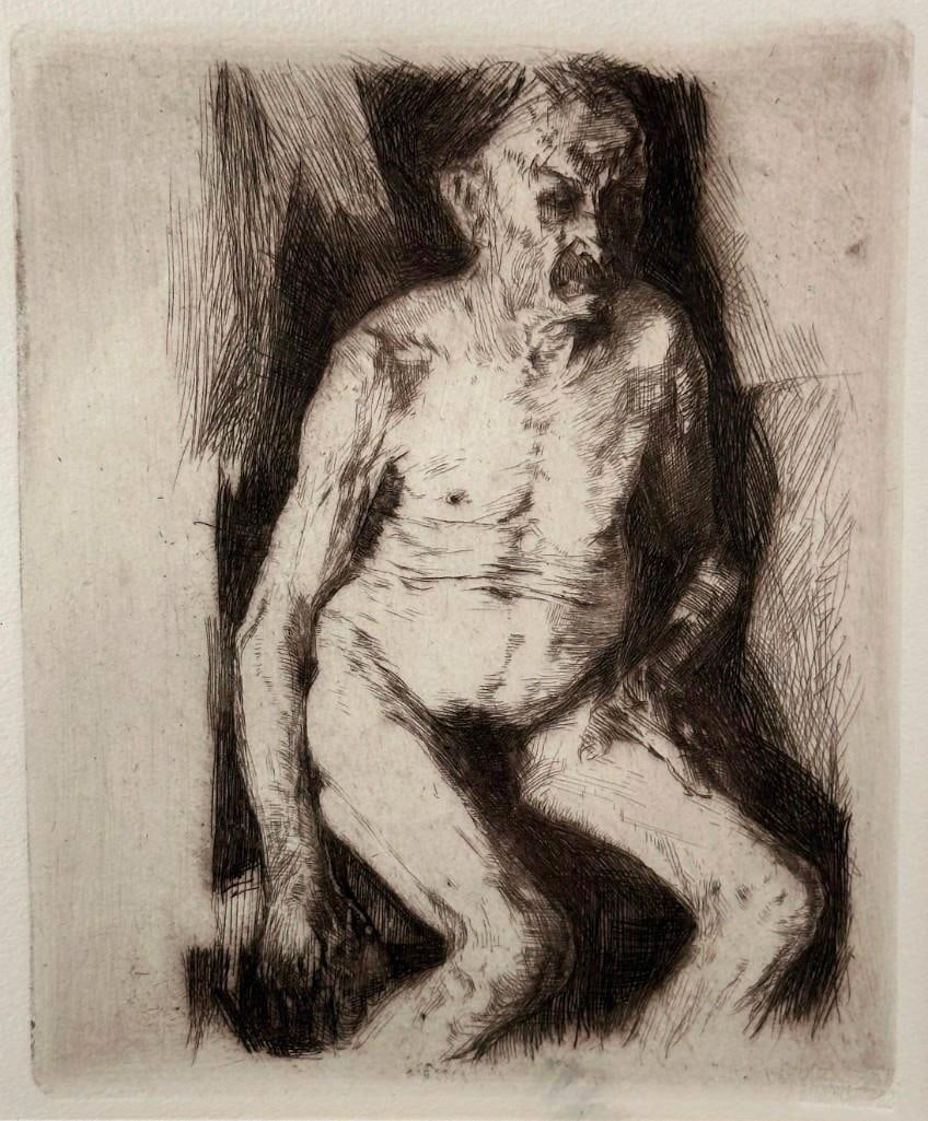 Kathe Kollwitz Etching, "Seated Male Nude": Kathe Kollwitz (German 1867-1945) "Seated Male Nude," 1891, printed c.1963-72, etching, unsigned, with blind stamp of A. Von der Becke, Munich, Germany, matted and framed. A posthumous printin