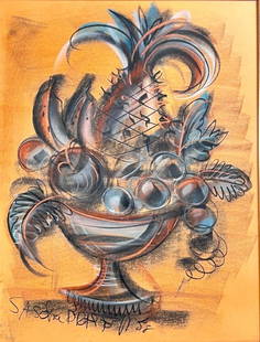 Sascha Brastoff Charcoal Drawing, Pineapple and Fruit in a Bowl: Sascah Brastoff (American 1918-1993) Still Life, Pineapple and Fruit in a Pedestal Bowl, 1958, charcoal and colored and metallic chalks on brown paper, signed and dated lower left, matted and framed.