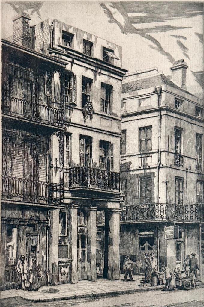 Morris Henry Hobbs Etching, "Conti St. at Exchange Alley, Old New Orleans" (1 of 9)