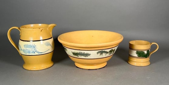 Three Yellow Ware Seaweed Decorated Items