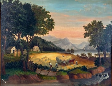 19thc. Continental or American School Oil, Landscape with Homestead and Hay Harvest