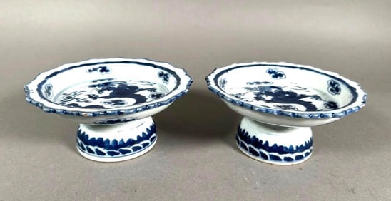 Two Chinese Blue and White Glazed Footed Stands