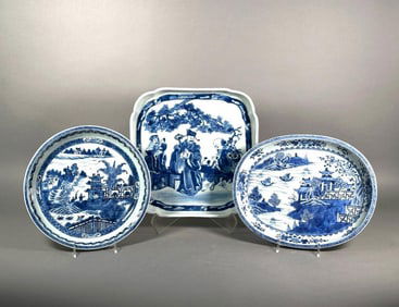 Three Chinese Blue and White Export Serving Trays