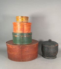 Five American Painted Bentwood Pantry Boxes, 19thc.
