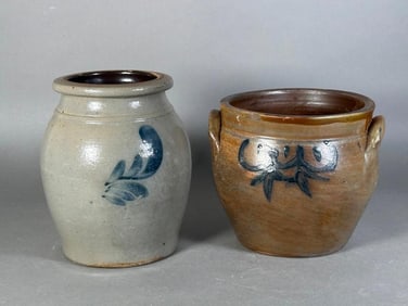 Two Stoneware Crocks with Cobalt Glaze Decoration