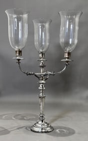 Large Scale English Silver Plate Three Light Candelabra with Hurricanes