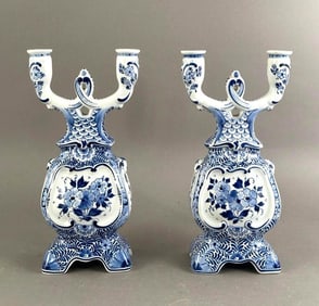 Pair of Delft Pottery Blue and White Two Light Candelabra, 20thc.