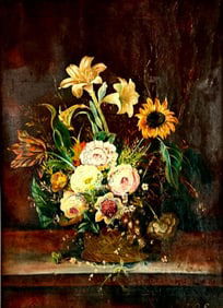 H.D. Smith Oil, Still Life of Flowers in a Woven Basket