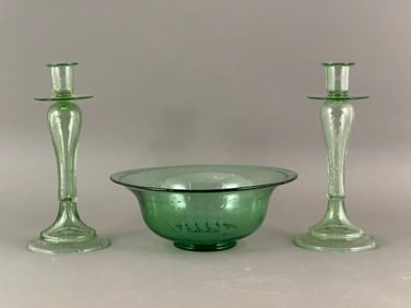 Three Piece Hand Blown and Engraved Glass Garniture, Nautical Subject