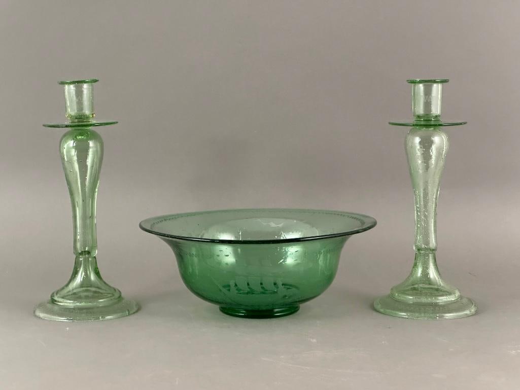 Three Piece Hand Blown and Engraved Glass Garniture, Nautical Subject: Three Piece Hand Blown and Engraved Glass Garniture, Nautical Subject, comprising a centerbowl and a pair of candlesticks, each engraved with clipper ships. Snapped pontils. Dimensions: Candlestick 10
