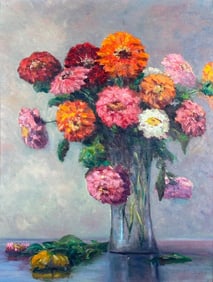 Arthur Thompson Oil, Zinnias in a Vase