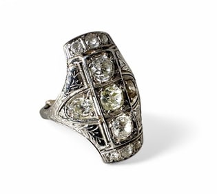 Art Deco Five Stone Mine Cut Diamond Panel Ring