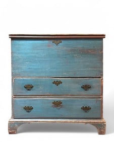 American Blue Painted Pine Mule Chest, 18thc.