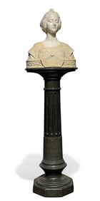 Italian Marble Bust of a Medieval Beauty, On Pedestal, late 19thc.