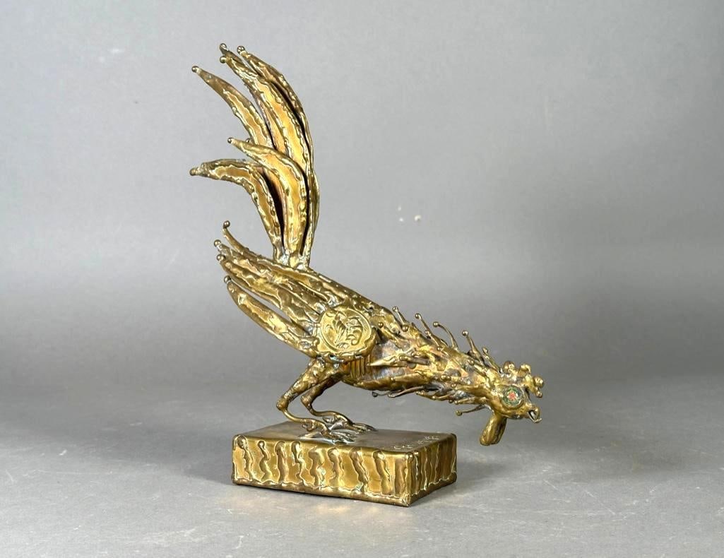 Pal Kepenyes Brass Sculpture, Rooster: Pal Kepenyes (Hungarian/Mexican 1926-2021) Rooster, brass with glass eyes. Signed twice. Dimensions: 9.5 x 9 x 7.5 in. Condition: Very good with no damage or restoration.
