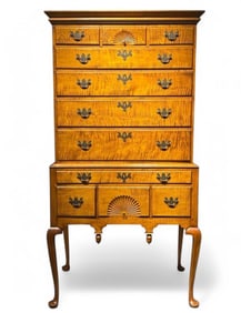 Eldred Wheeler Queen Anne Style Tiger Maple Flat Top Highboy