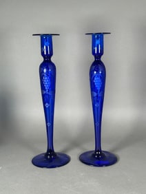 Pair of Pairpoint Tall Cobalt Glass Engraved Candlesticks